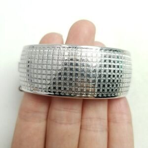 Vintage Wide Silver Tone Bangle Bracelet with Micro Square Design, Retro Hinged